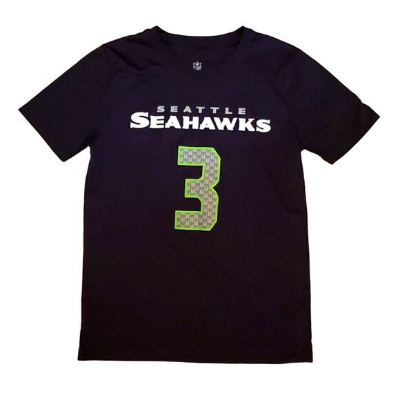 SEAHAWKS Seattle Football T-Shirt Russell Wilson Boys 10/12 NFL Team Tee Navy - Picture 1 of 7